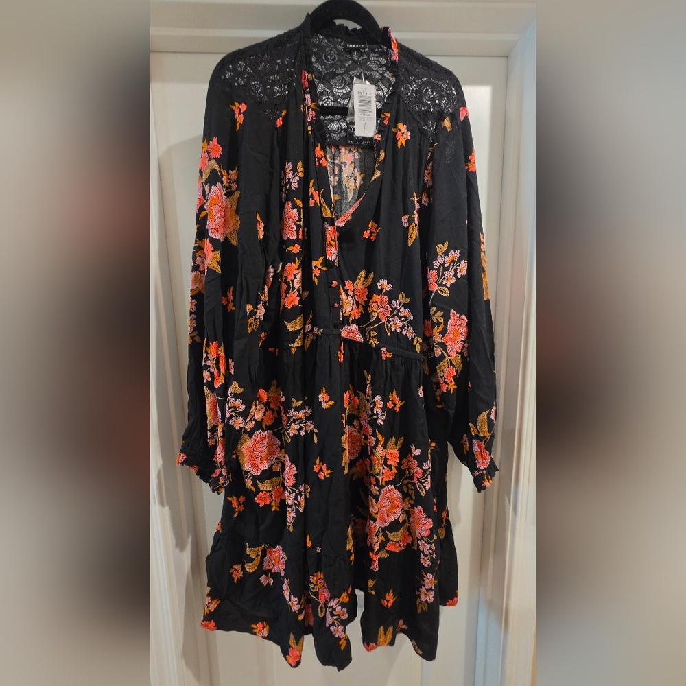 Black Floral Challis Lace Yoke Boho Shirt Dress with Pink & Orange Blossoms
